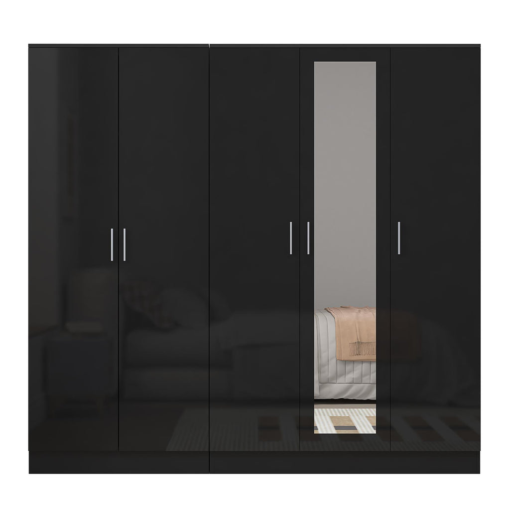 REFLECT - 3 Door MIRROR + 2 Door PLAIN Wardrobe - Gloss Black / Matt Black