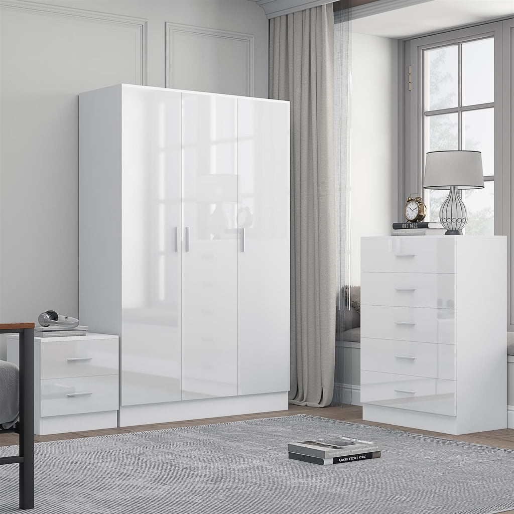 Reflect 3 Door Plain Wardrobe, 5 Drawer Chest, 2 Drawer Bedside - White Gloss & Matt White - Modern Bedroom Furniture Set