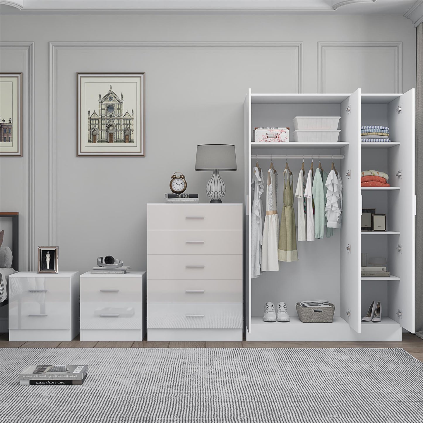 Reflect 3 Door Plain Wardrobe, 5 Drawer Chest, 2x 2 Drawer Bedsides - White Gloss & Matt White - Modern Bedroom Furniture Set