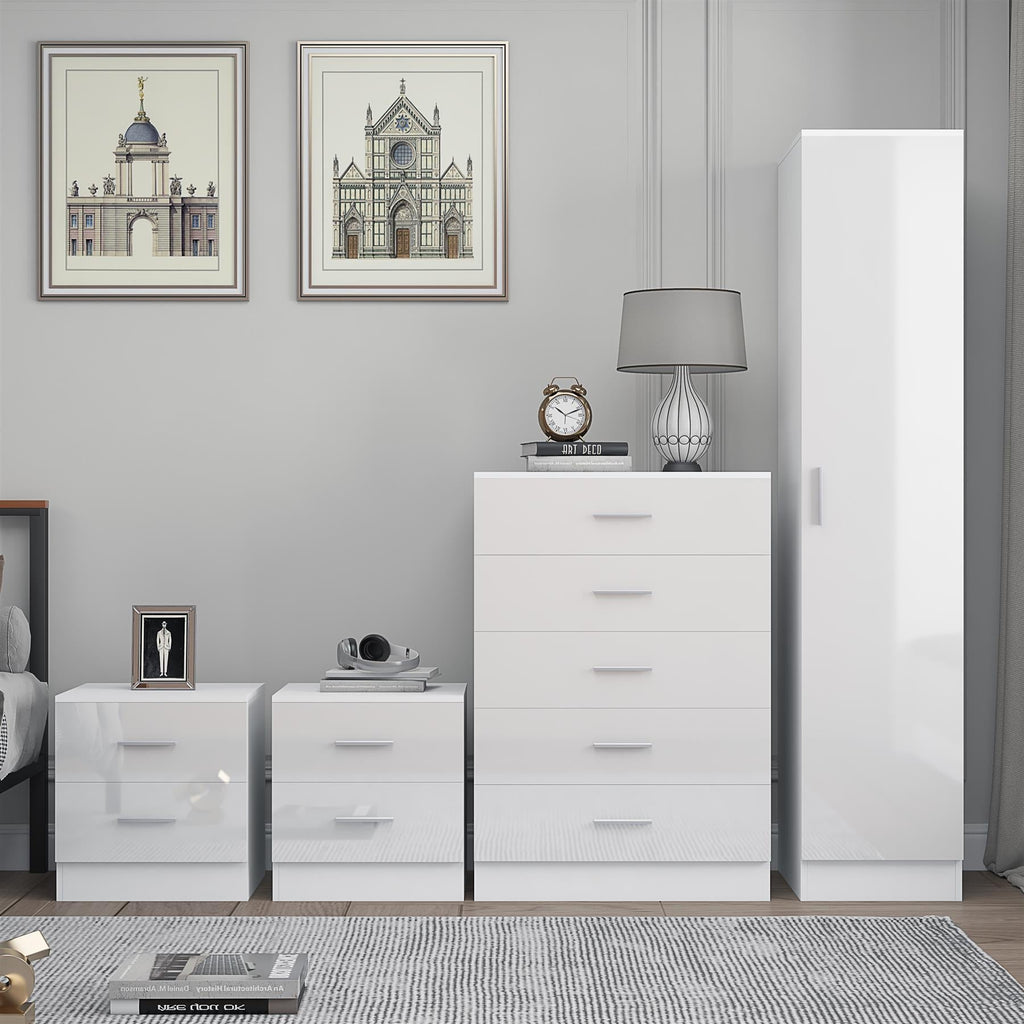 REFLECT Gloss 4pc Bedroom Set - 1 Door Wardrobe + 5 Draw Chest + 2 Bedsides