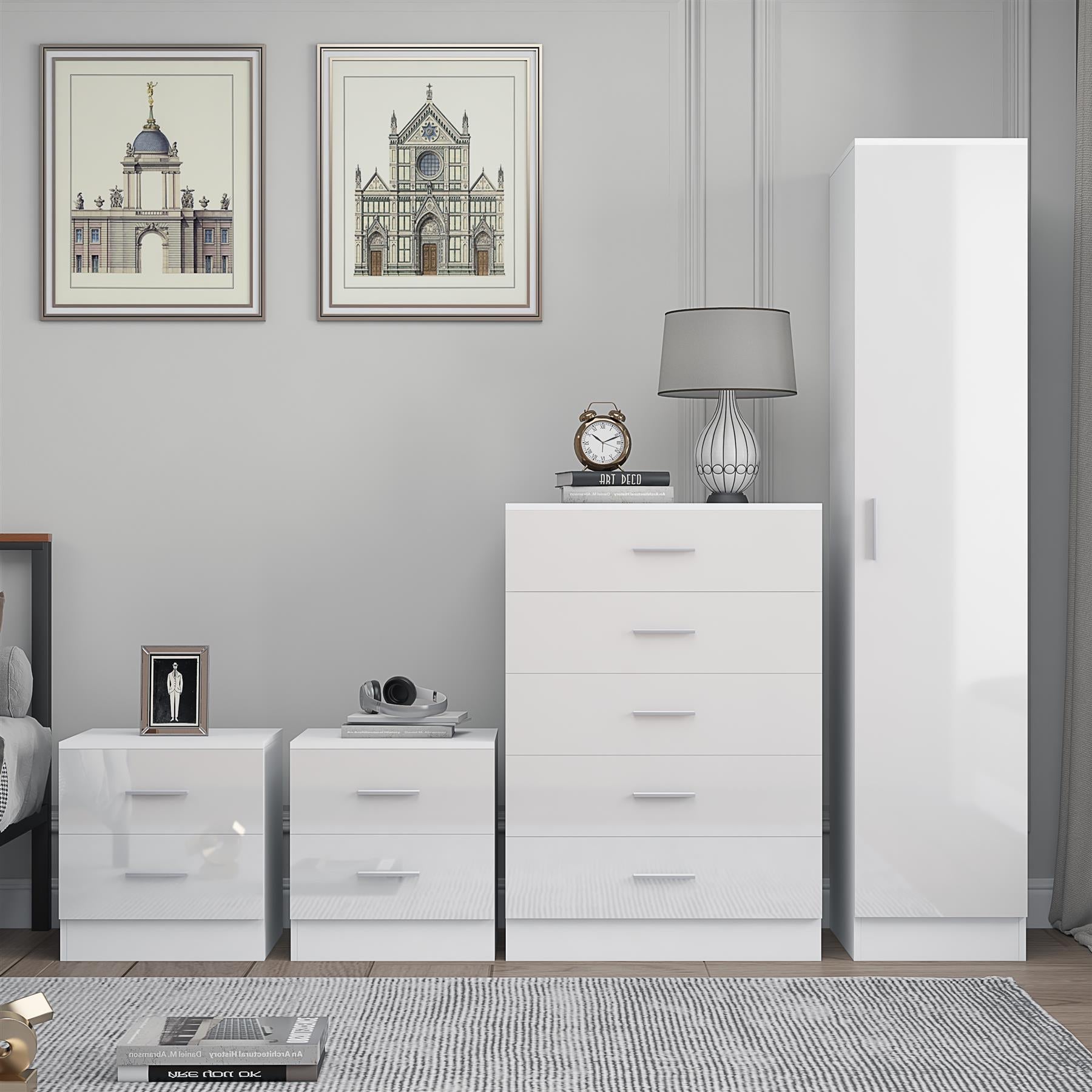 Reflect 1 Door Plain Wardrobe, 5 Drawer Chest, 2x 2 Drawer Bedsides - White Gloss & Matt White - Modern Bedroom Furniture Set