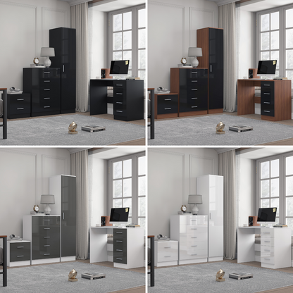 REFLECT Gloss 4pc Bedroom Set - 1 Door Wardrobe + 5 Draw Chest + Bedside + Desk