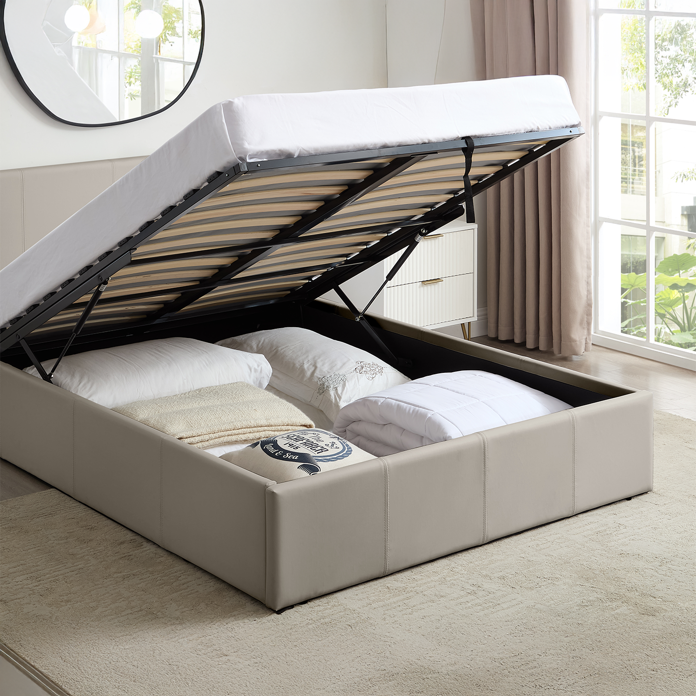 LUNA Faux Leather Ottoman Storage Bedframe in Beige 4 Size + Mattress Options
