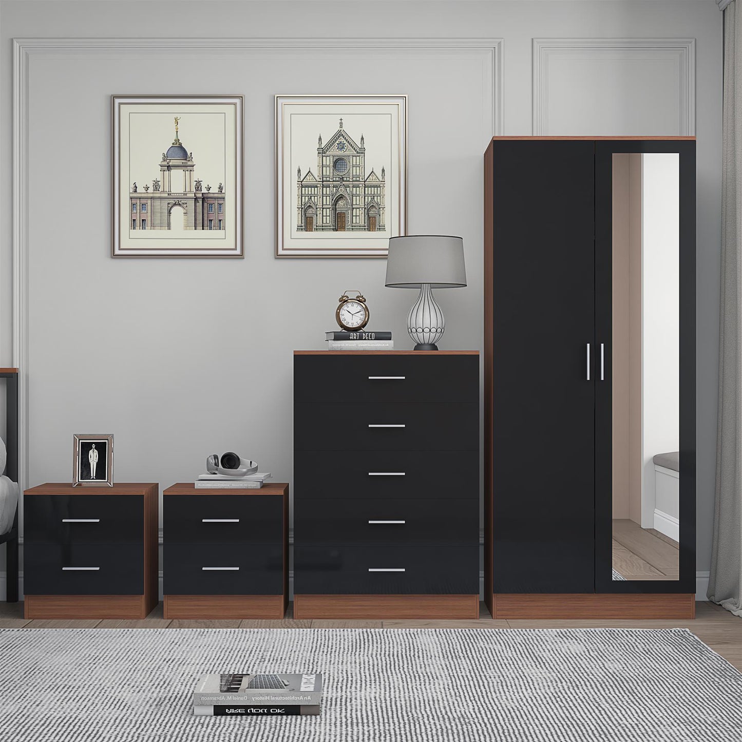 REFLECT Gloss 4pc Set - 2 Door Mirrored Wardrobe + 5 Draw Chest + 2 Bedsides