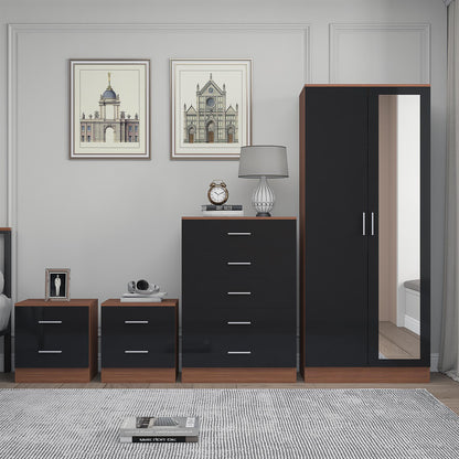 Reflect 2 Door Mirror Wardrobe, 5 Drawer Chest, 2x 2 Drawer Bedsides - Black Gloss & Walnut - Modern Bedroom Furniture Set