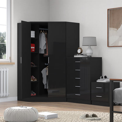 REFLECT Gloss 3pc Set - 2 Door Corner Wardrobe + 5 Draw Chest + Bedside