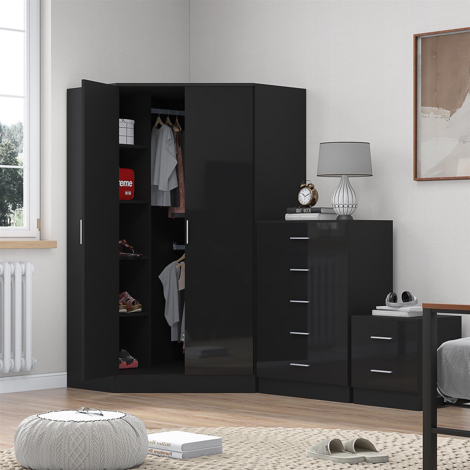 Reflect 2 Door Corner Wardrobe, 5 Drawer Chest, 2 Drawer Bedside - Black Gloss & Black Oak - Bedroom Furniture Set