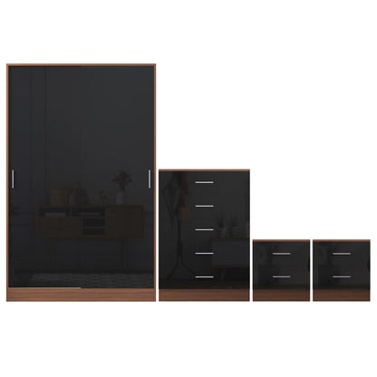 Reflect 2 Door Sliding Wardrobe, 5 Drawer Chest, 2x 2 Drawer Bedsides - Black Gloss & Walnut - Modern Bedroom Furniture Set