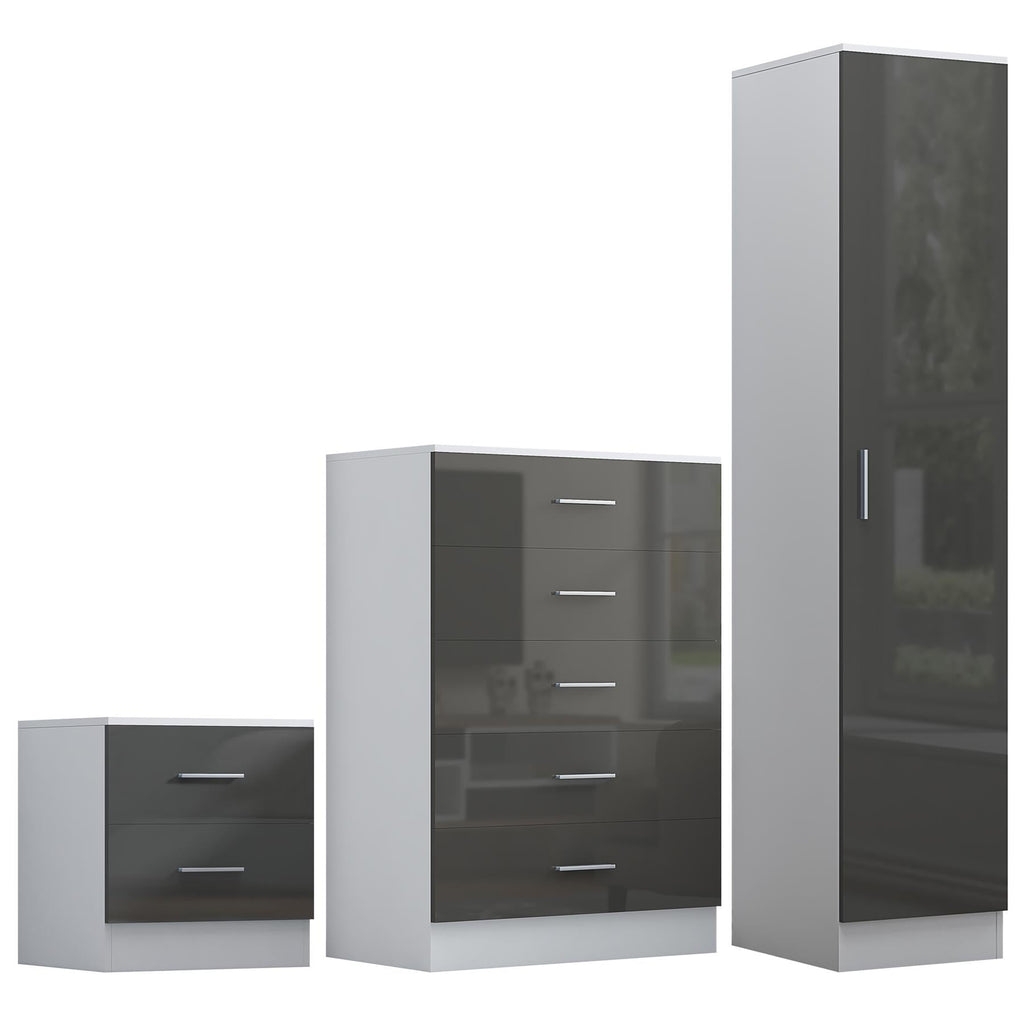 REFLECT Gloss 3pc Bedroom Set - 1 Door Wardrobe + 5 Draw Chest + Bedside