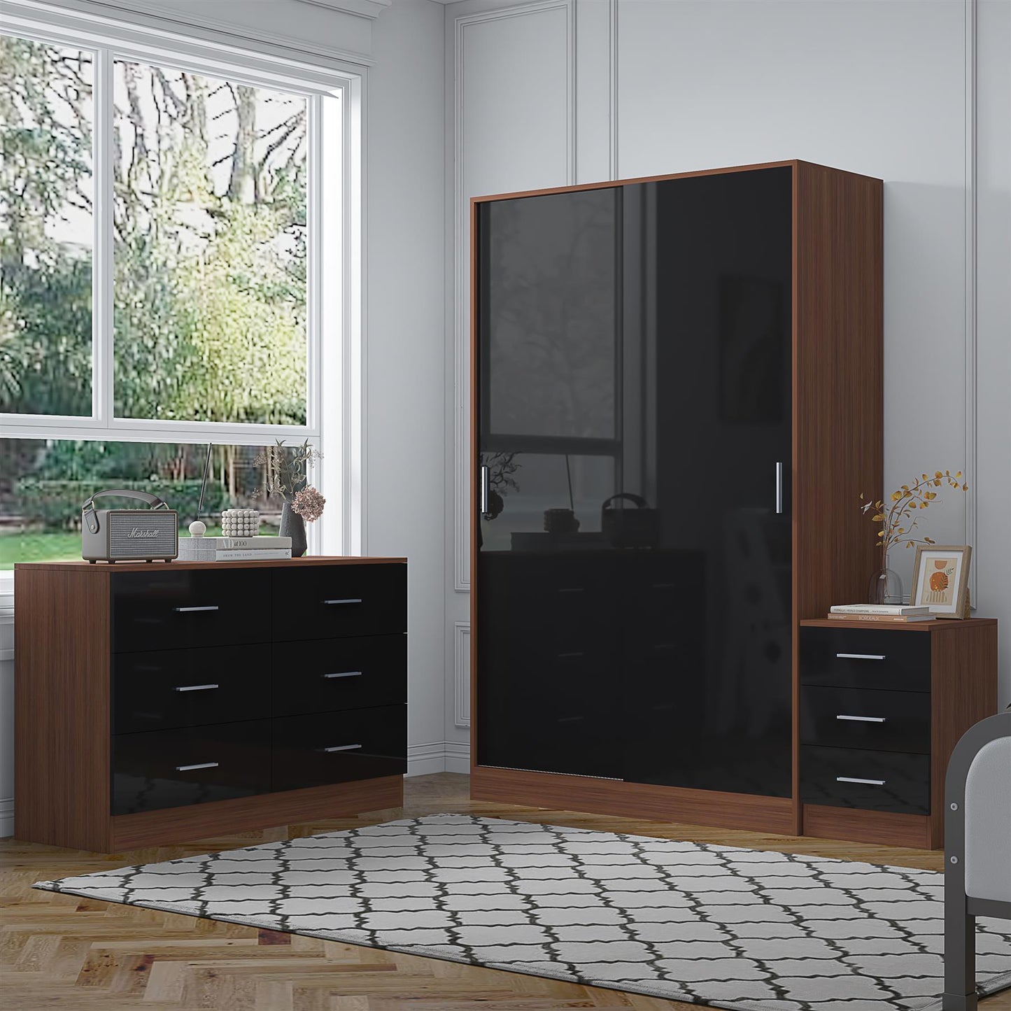 REFLECT Gloss 3pc Set - 2 Door Sliding Wardrobe + Wide Chest + Tall Bedside