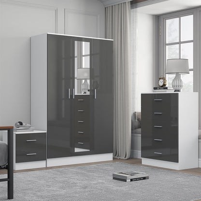 Reflect 3 Door Mirror Wardrobe, 5 Drawer Chest, 2 Drawer Bedside - Grey Gloss & Matt White - Modern Bedroom Furniture Set