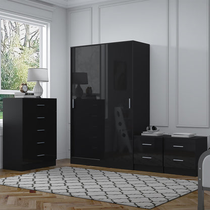 Reflect 2 Door Sliding Wardrobe, 5 Drawer Chest, 2x 2 Drawer Bedsides - Black Gloss & Black Oak - Modern Bedroom Furniture Set