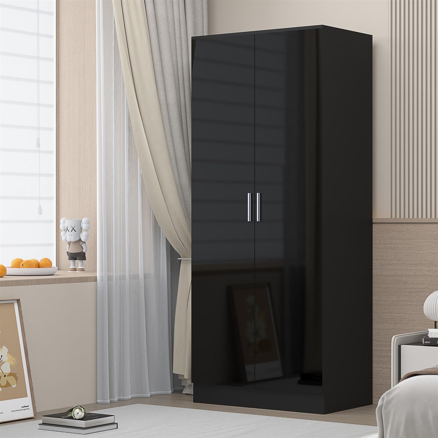 REFLECT High Gloss Bedroom Furniture Wardrobe Chest Bedside Desk Option in Black