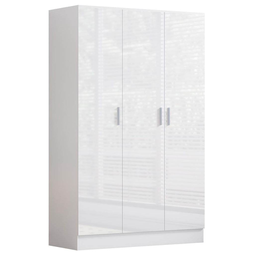 Reflect 3 Door Plain Wardrobe, 5 Drawer Chest, 2 Drawer Bedside - White Gloss & Matt White - Modern Bedroom Furniture Set