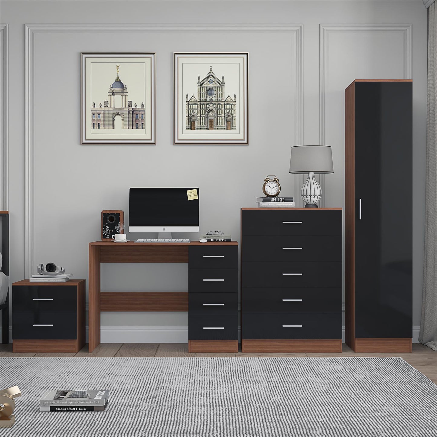 Reflect 1 Door Plain Wardrobe, 5 Drawer Chest, 2 Drawer Bedside & Desk - Black Gloss & Walnut - Bedroom Furniture Set