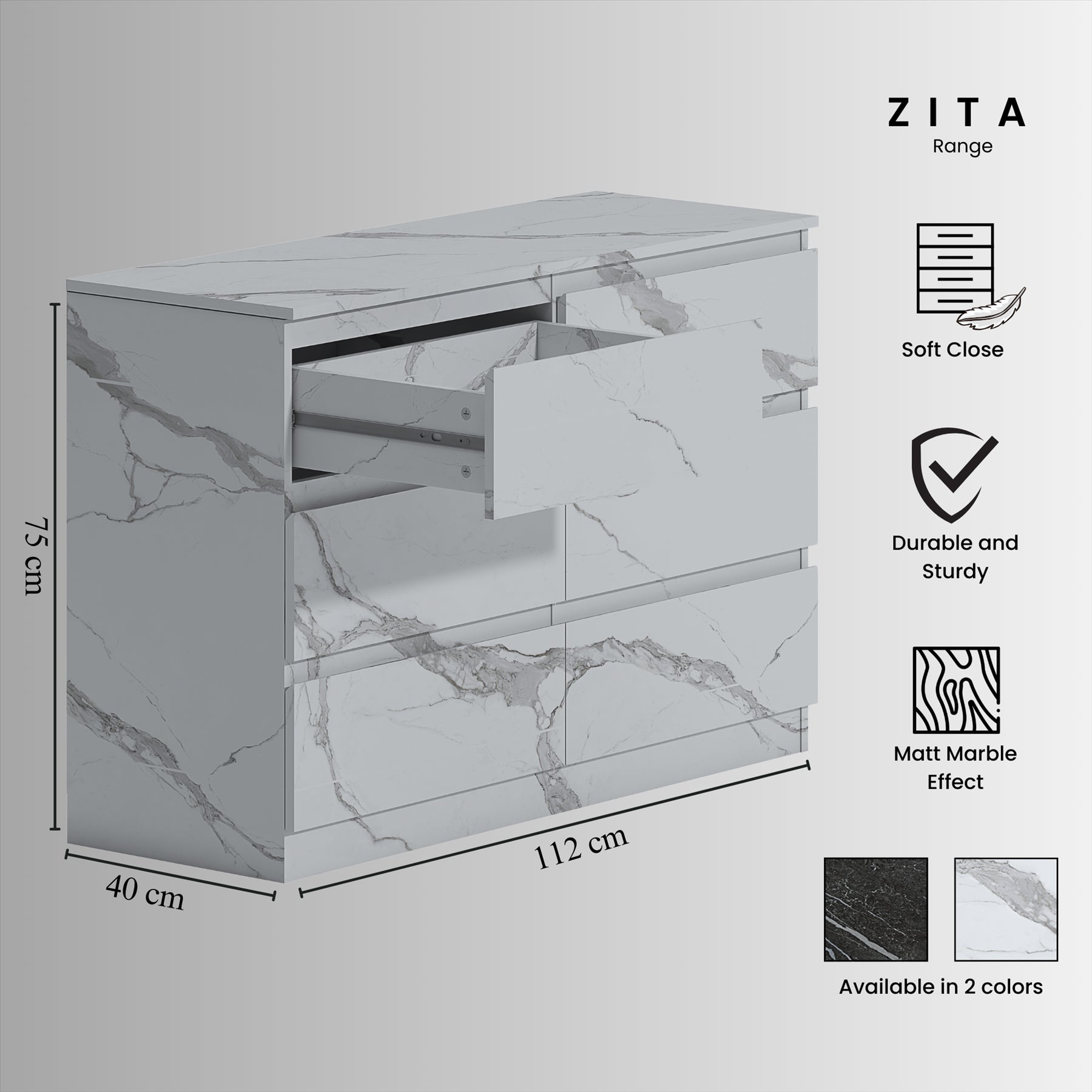 ZITA Bedroom Furniture Wide 6 Drawer Chest in White OR Grey Marble Colour Option