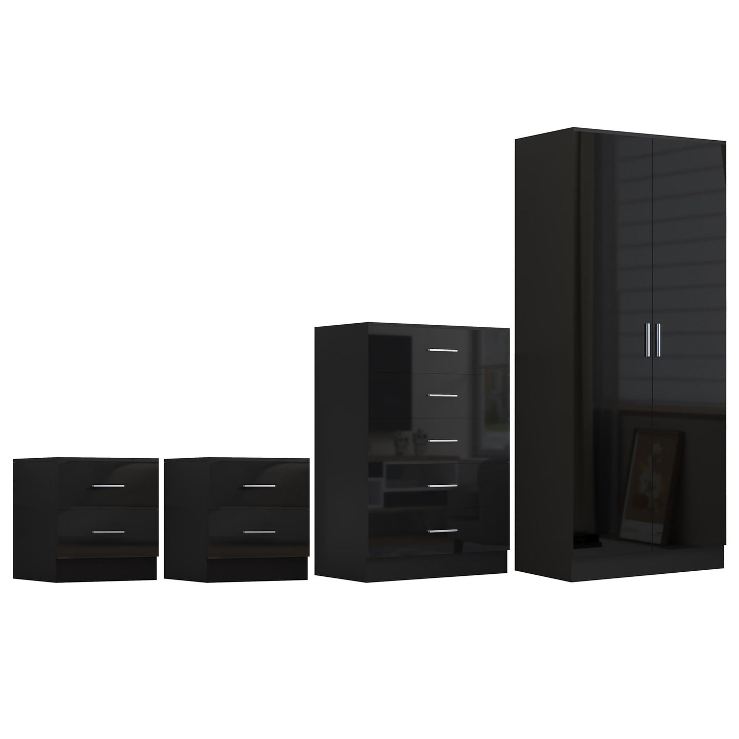 REFLECT Gloss 4pc Bedroom Set - 2 Door Wardrobe + 5 Draw Chest + 2 Bedsides