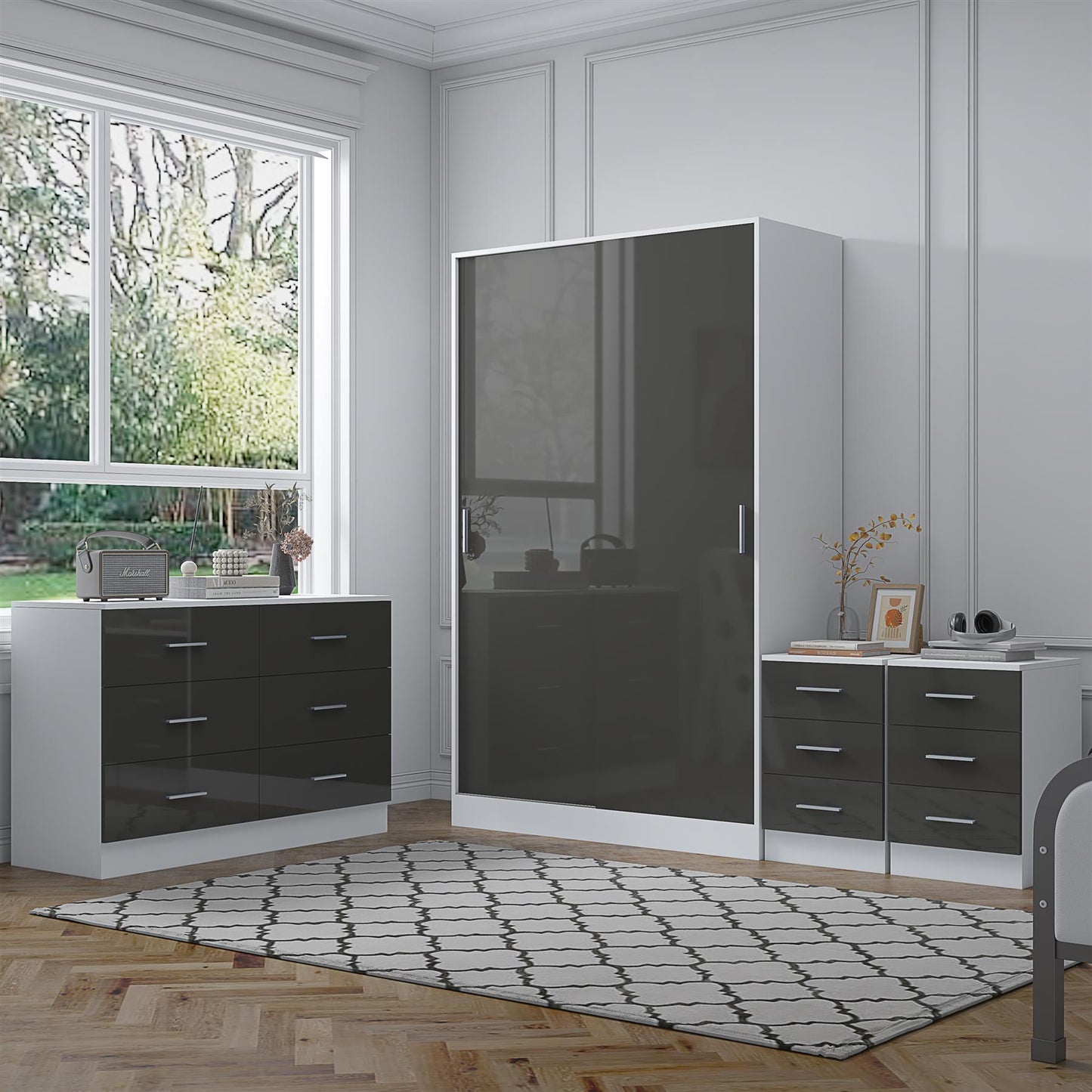 REFLECT Gloss 4pc Set - 2 Door Sliding Wardrobe + Wide Chest + 2 Tall Bedsides
