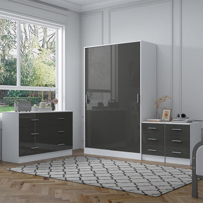 Reflect 2 Door Sliding Wardrobe, 6 Drawer Wide Chest, 2x3 Drawer Bedsides - Grey Gloss & Matt White - Modern Bedroom Furniture Set