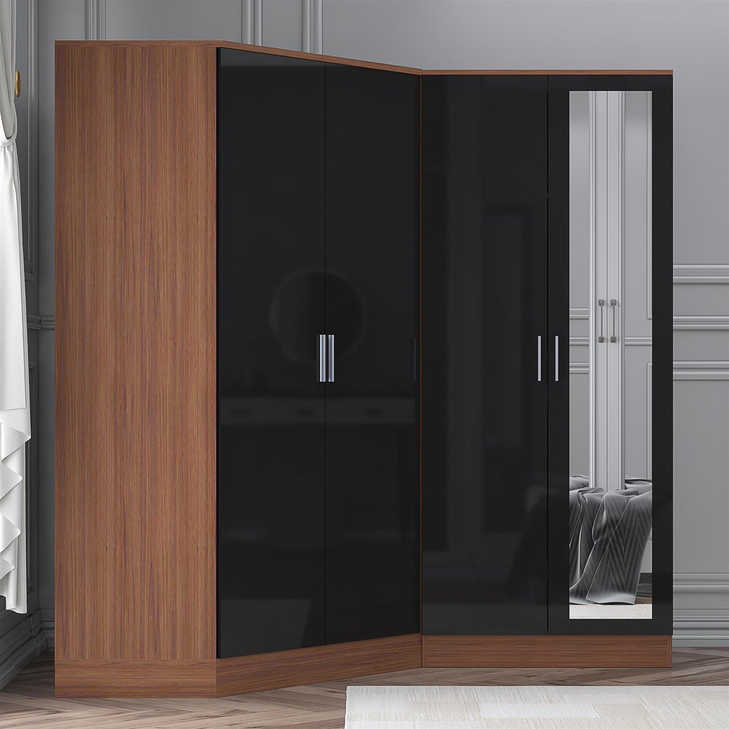 Reflect 2pc Wardrobe Bundle - 2 Door Corner + 2 Door Mirror - Black Gloss & Walnut