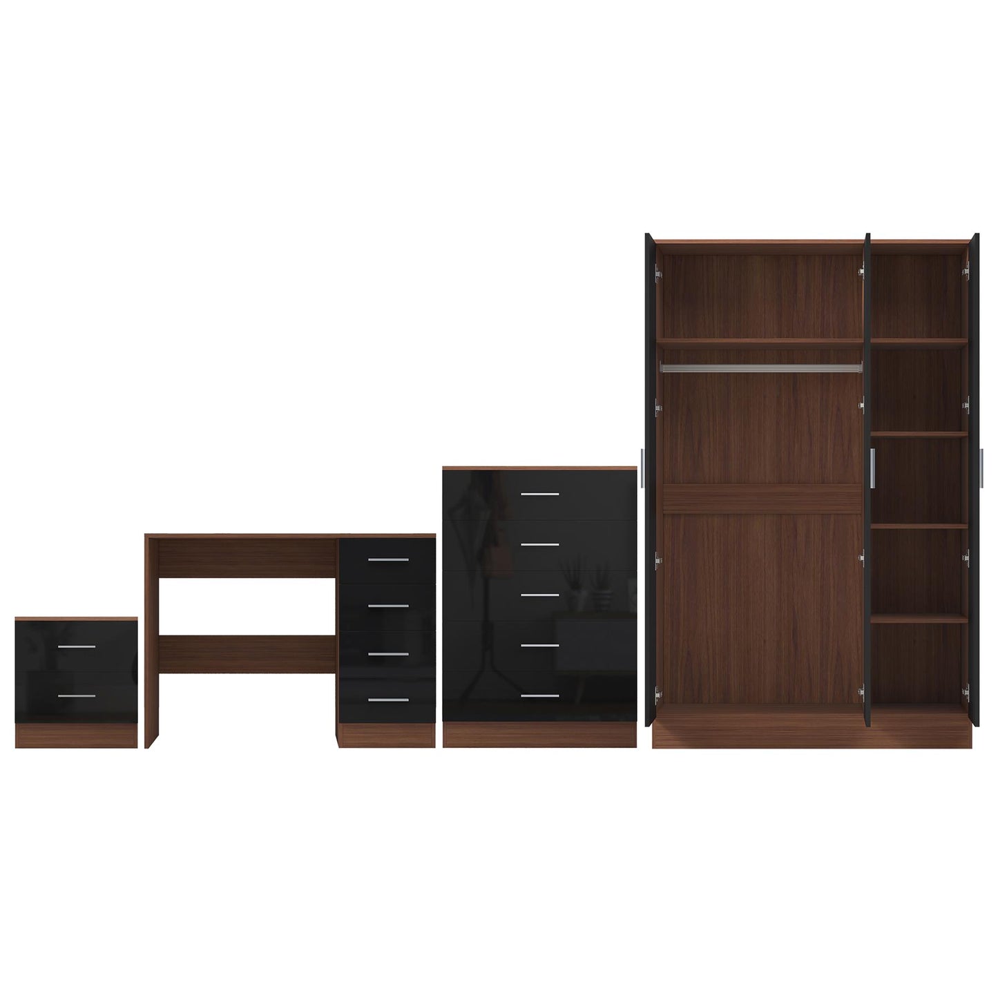 Reflect 3 Door Plain Wardrobe, 5 Drawer Chest, 2 Drawer Bedside & Desk - Black Gloss & Walnut - Modern Bedroom Furniture Set