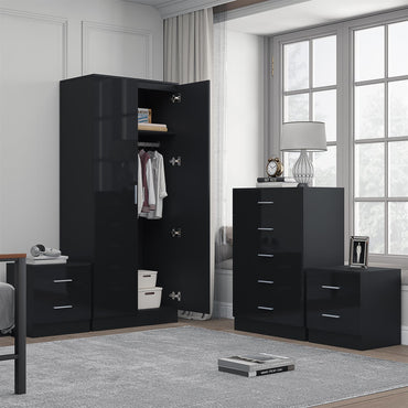 Reflect 2 Door Plain Wardrobe, 5 Drawer Chest, 2x 2 Drawer Bedsides - Black Gloss & Black Oak - Modern Bedroom Furniture Set