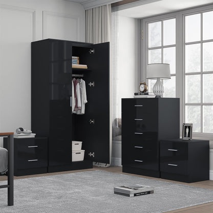 Reflect 2 Door Plain Wardrobe, 5 Drawer Chest, 2x 2 Drawer Bedsides - Black Gloss & Black Oak - Modern Bedroom Furniture Set
