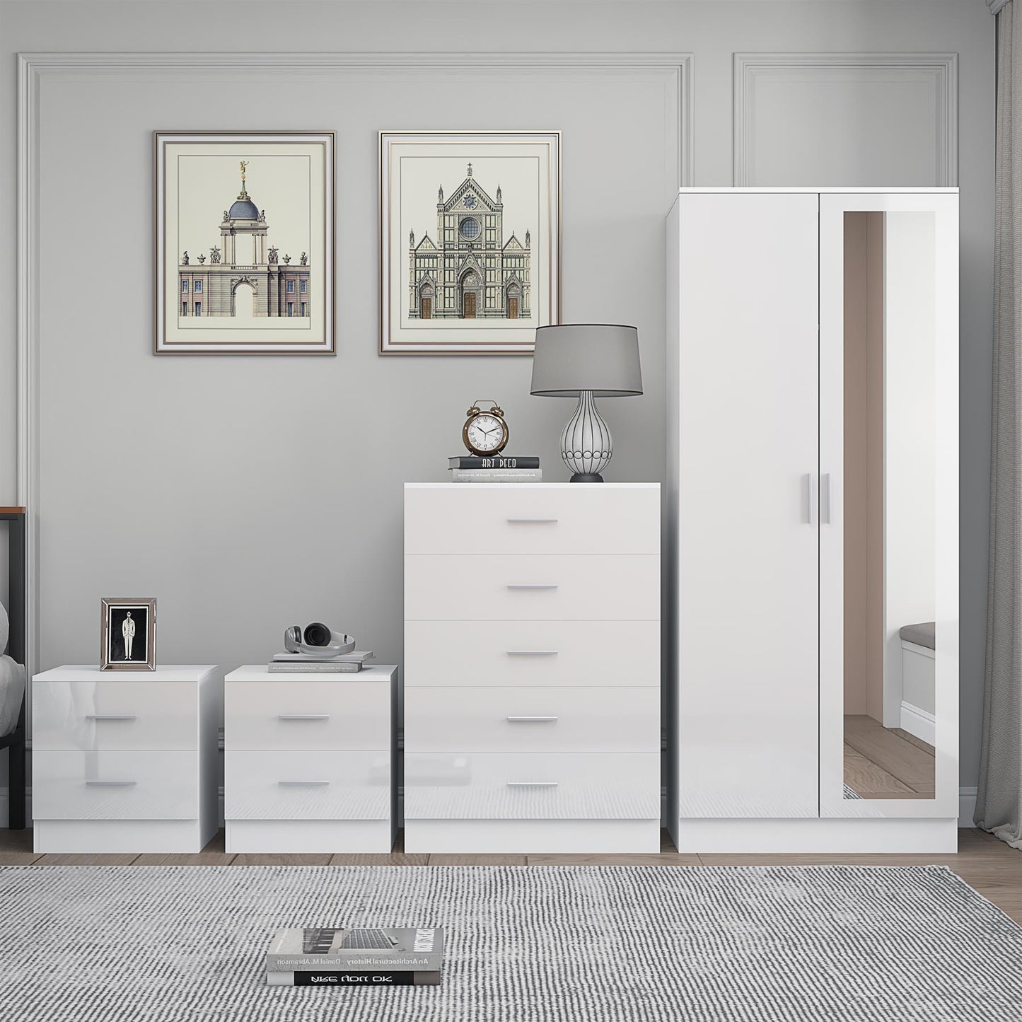 REFLECT Gloss 4pc Set - 2 Door Mirrored Wardrobe + 5 Draw Chest + 2 Bedsides