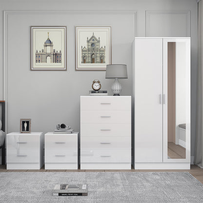 REFLECT Gloss 4pc Set - 2 Door Mirrored Wardrobe + 5 Draw Chest + 2 Bedsides