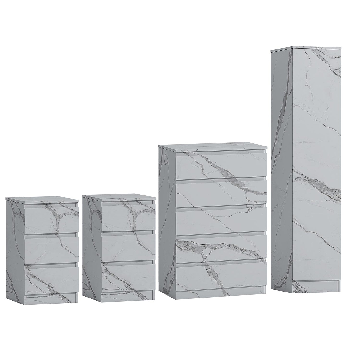 ZITA 4pc Set - 1 Door Wardrobe + Tall Chest + 2 Bedsides in White OR Grey Marble