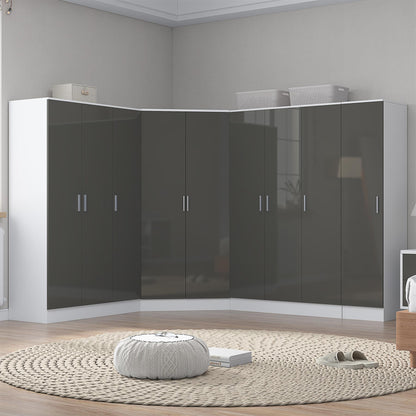 Reflect 4pc Wardrobe Bundle - 2 Door Corner + 2x 3 Door Plain + 1 Door Plain - Grey Gloss & Matt White