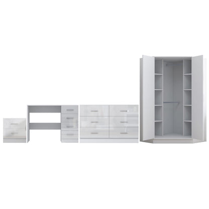 Reflect 2 Door Corner Wardrobe, 6 Drawer Chest, 2 Drawer Bedside & Desk - White Gloss & Matt White - Bedroom Furniture Set