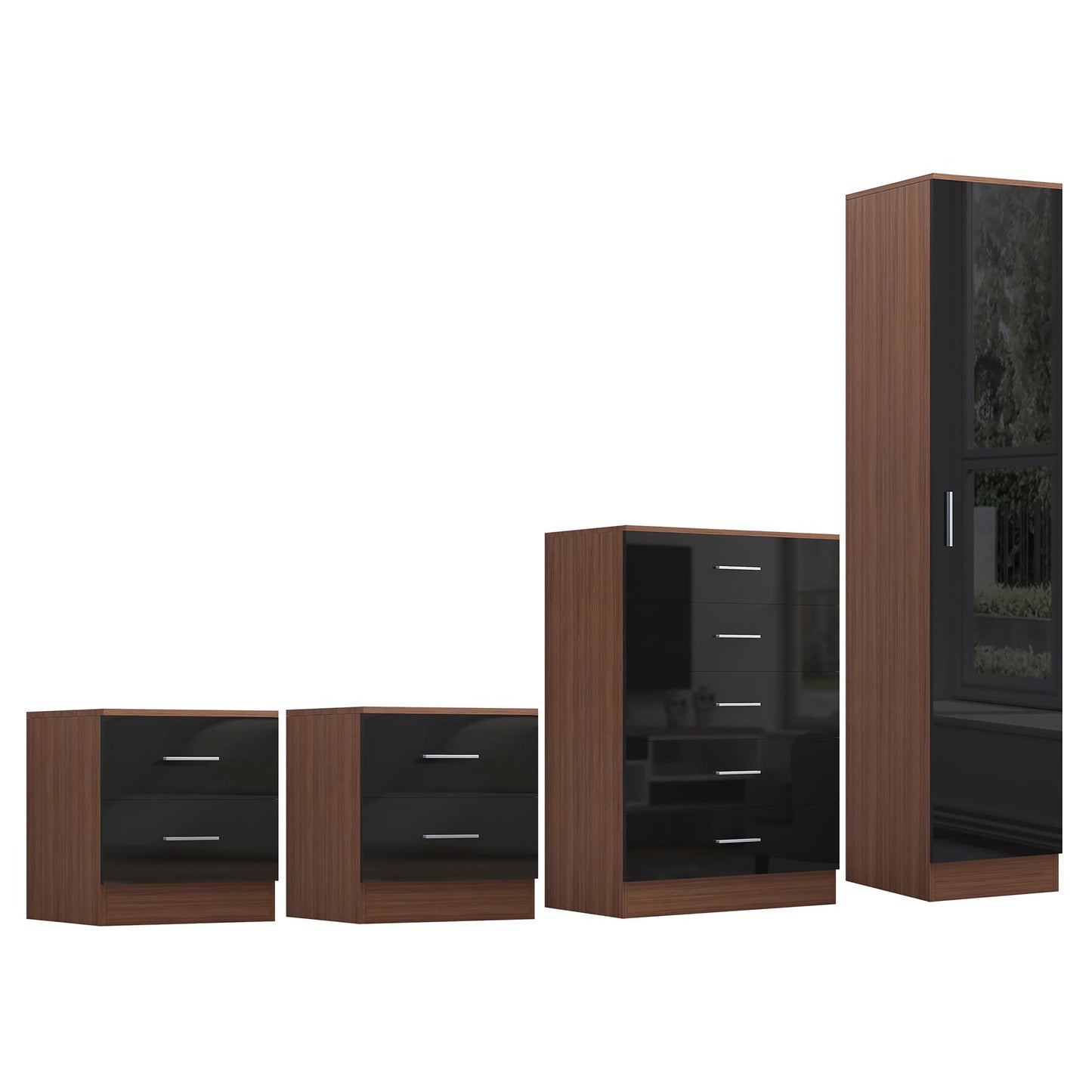 REFLECT Gloss 4pc Bedroom Set - 1 Door Wardrobe + 5 Draw Chest + 2 Bedsides