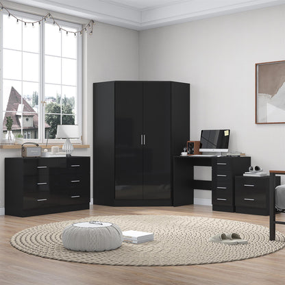 Reflect 2 Door Corner Wardrobe, 6 Drawer Chest, 2 Drawer Bedside & Desk - Black Gloss & Black Oak - Bedroom Furniture Set
