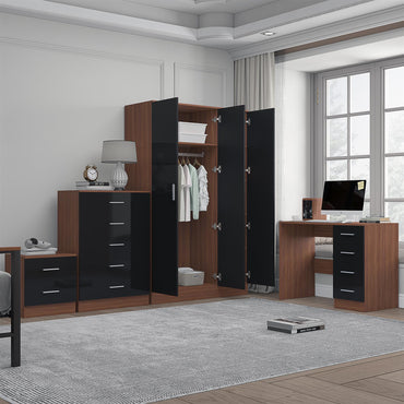Reflect 3 Door Plain Wardrobe, 5 Drawer Chest, 2 Drawer Bedside & Desk - Black Gloss & Walnut - Modern Bedroom Furniture Set