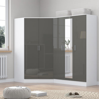 Reflect 2pc Wardrobe Bundle - 2 Door Corner + 3 Door Mirror - Grey Gloss & Matt White