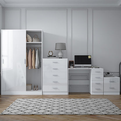 REFLECT Gloss 4pc Set - 2 Door Sliding Wardrobe + 5 Draw Chest + Bedside + Desk