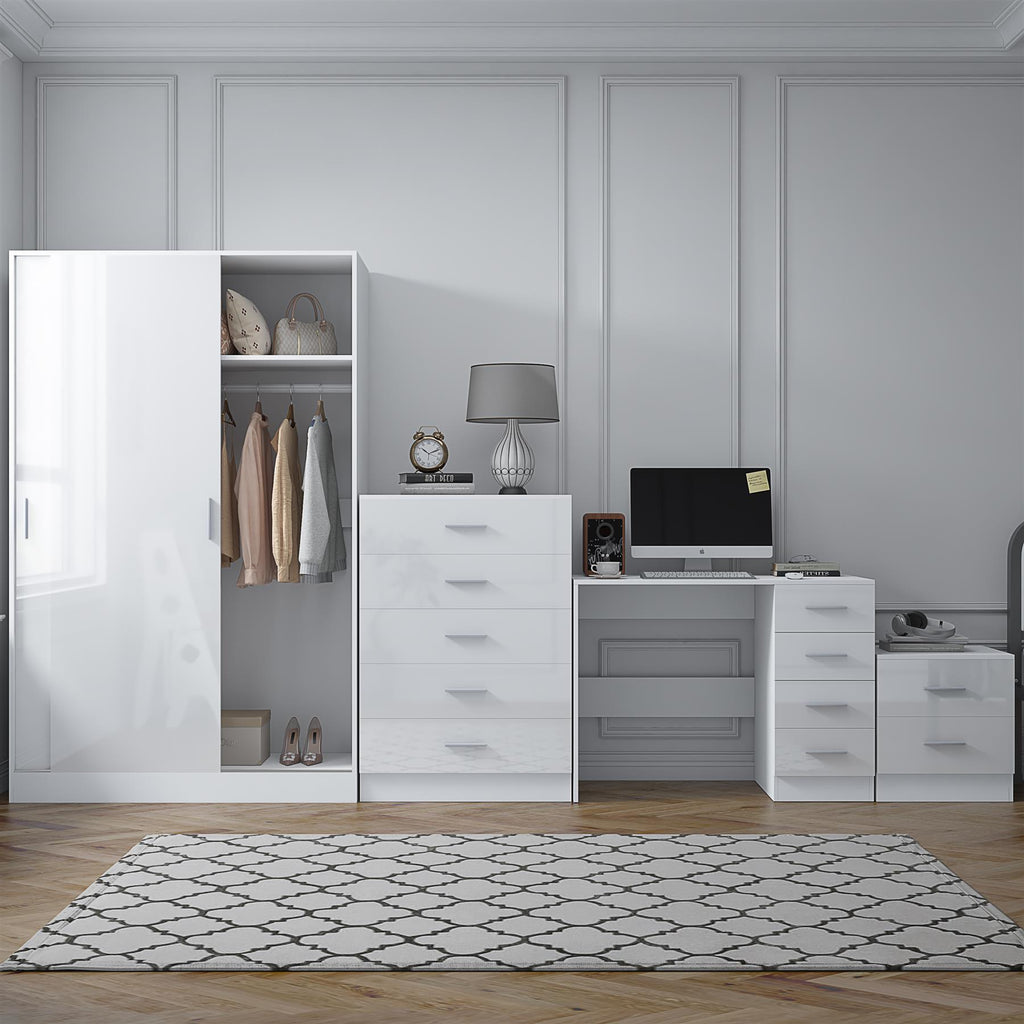 Reflect 2 Door Sliding Wardrobe, 5 Drawer Chest, 2 Drawer Bedside & Desk - White Gloss & Matt White - Modern Bedroom Furniture Set