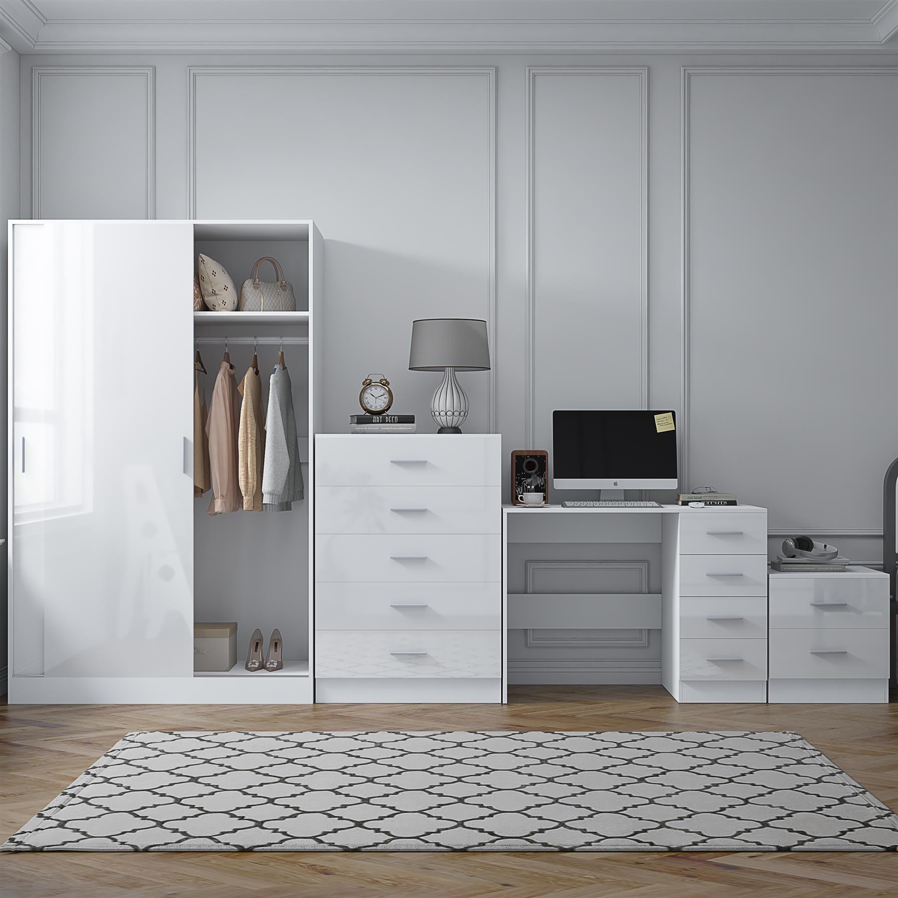 Reflect 2 Door Sliding Wardrobe, 5 Drawer Chest, 2 Drawer Bedside & Desk - White Gloss & Matt White - Modern Bedroom Furniture Set