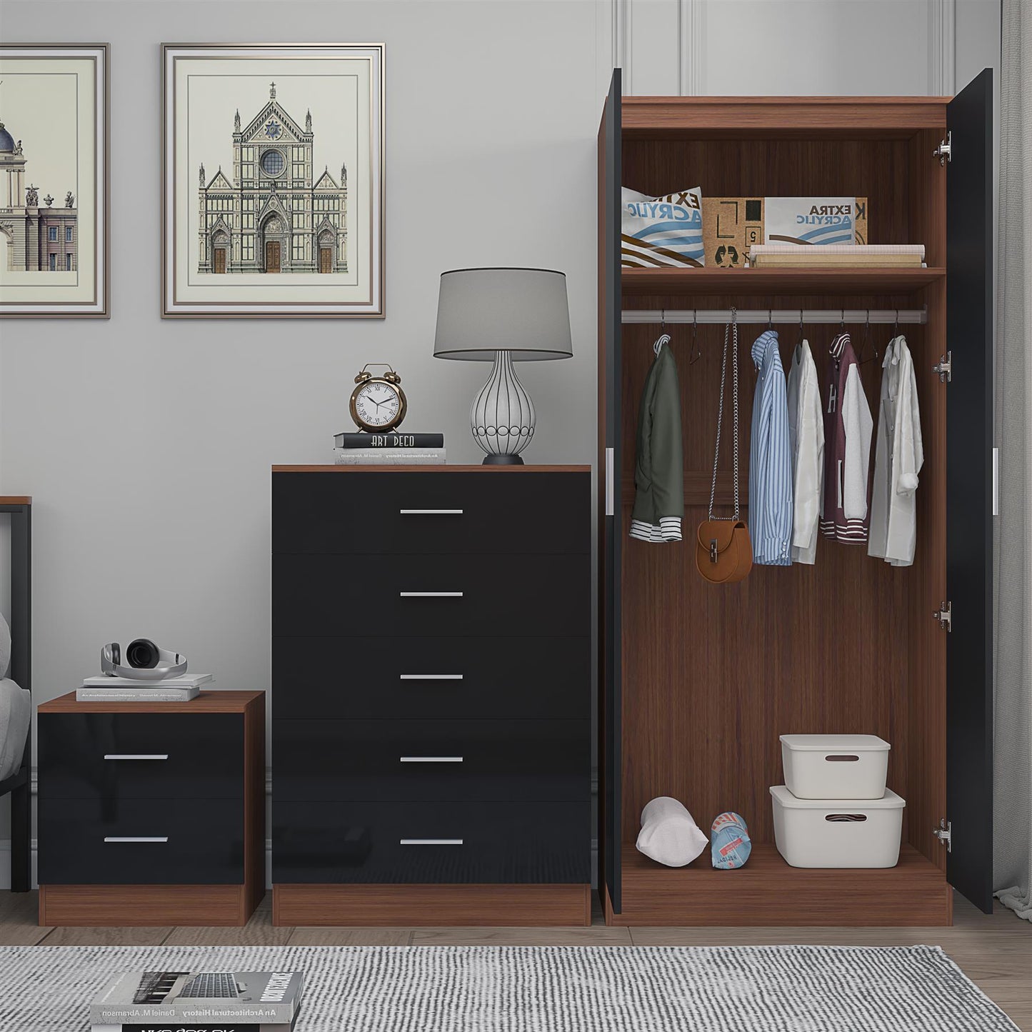 REFLECT Gloss 3pc Bedroom Set - 2 Door Wardrobe + 5 Draw Chest + Bedside