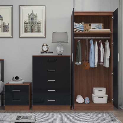 Reflect 2 Door Plain Wardrobe, 5 Drawer Chest, 2 Drawer Bedside - Black Gloss & Walnut - Modern Bedroom Furniture Set