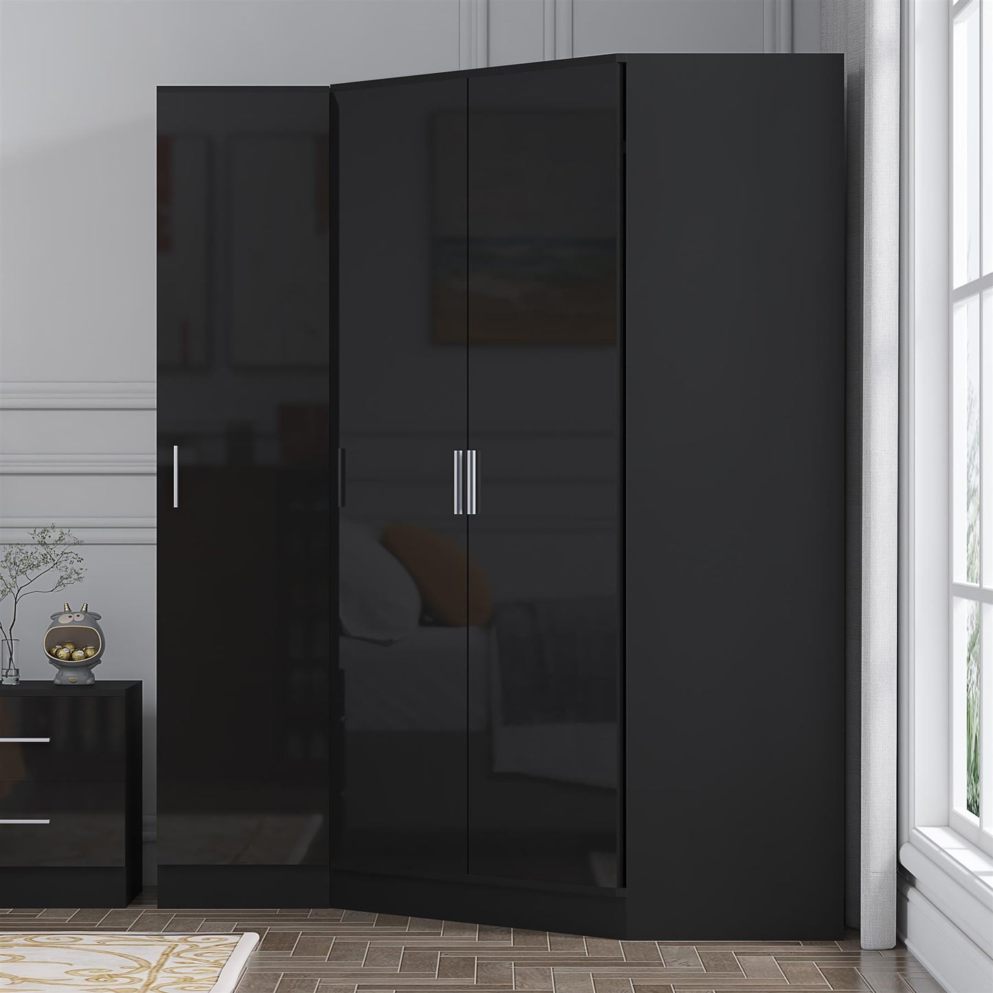 Reflect 2pc Wardrobe Bundle - 2 Door Corner + 1 Door Plain - Black Gloss & Black Oak
