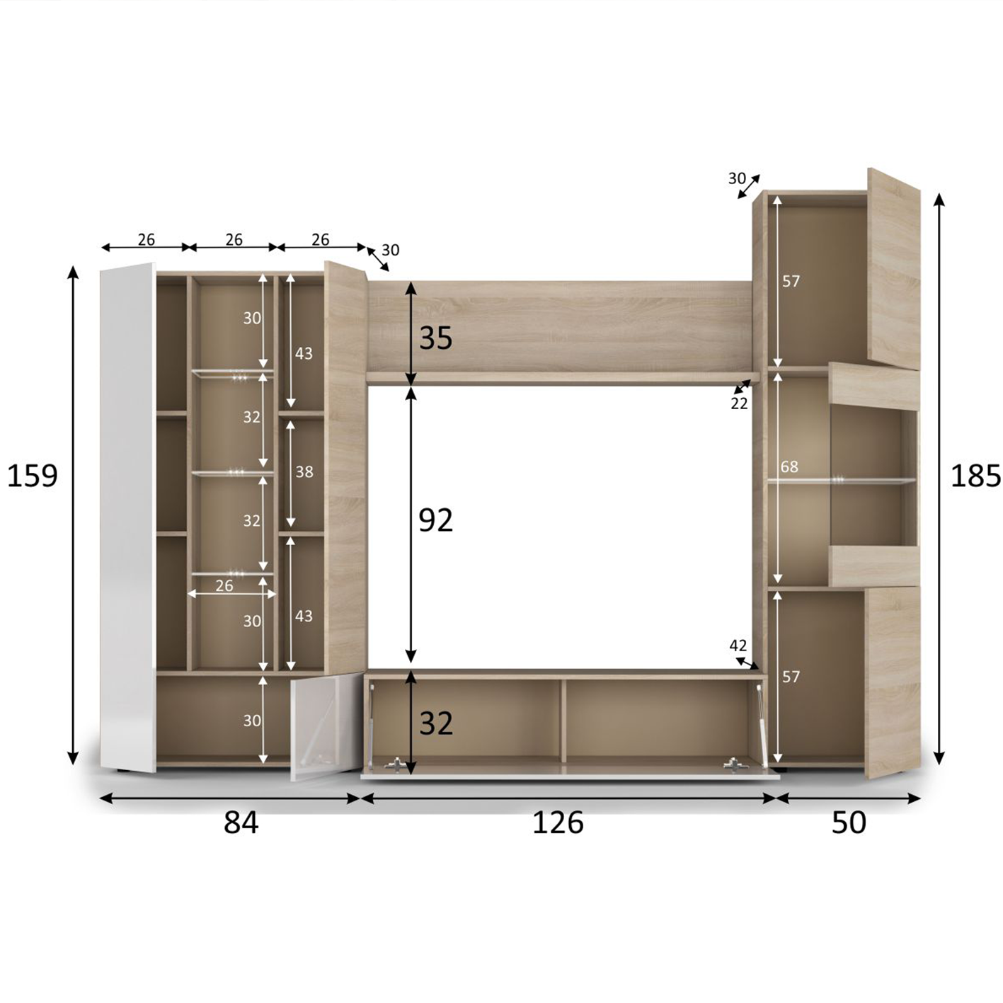 Modern Oak & White TV Unit with Glass Details and LED Lights- Media Storage for Living Rooms