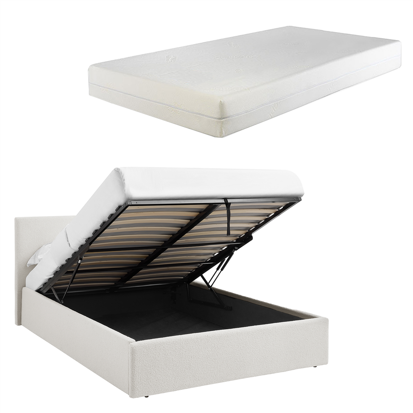 TEDDY Boucle Gas Lift Ottoman Storage Bed in White with 4 Size + Mattress Option