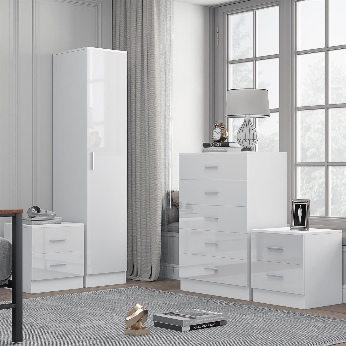 REFLECT Gloss 4pc Bedroom Set - 1 Door Wardrobe + 5 Draw Chest + 2 Bedsides