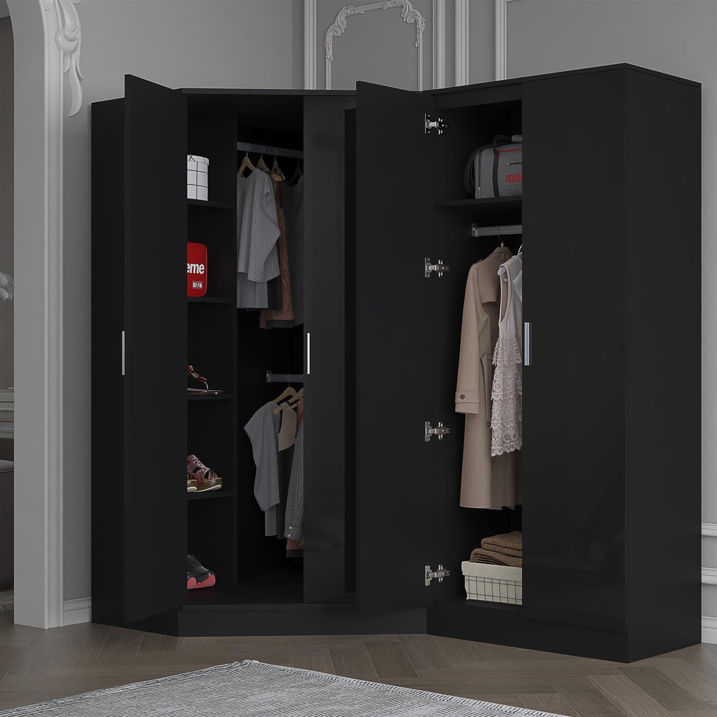 Reflect 2pc Wardrobe Bundle - 2 Door Corner + 2 Door Plain - Black Gloss & Black Oak