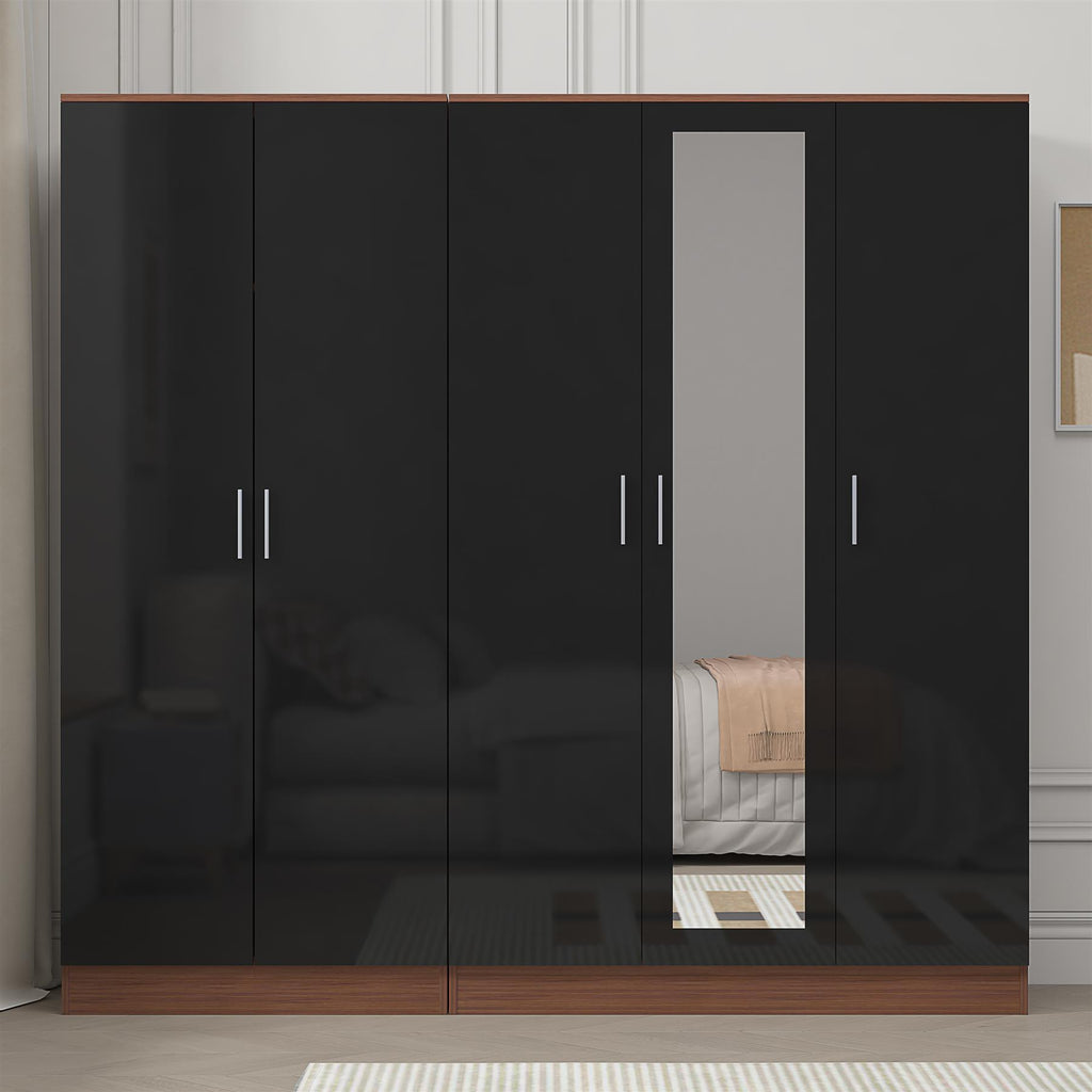 REFLECT - 3 Door MIRROR + 2 Door PLAIN Wardrobe - Gloss Black / Matt Walnut