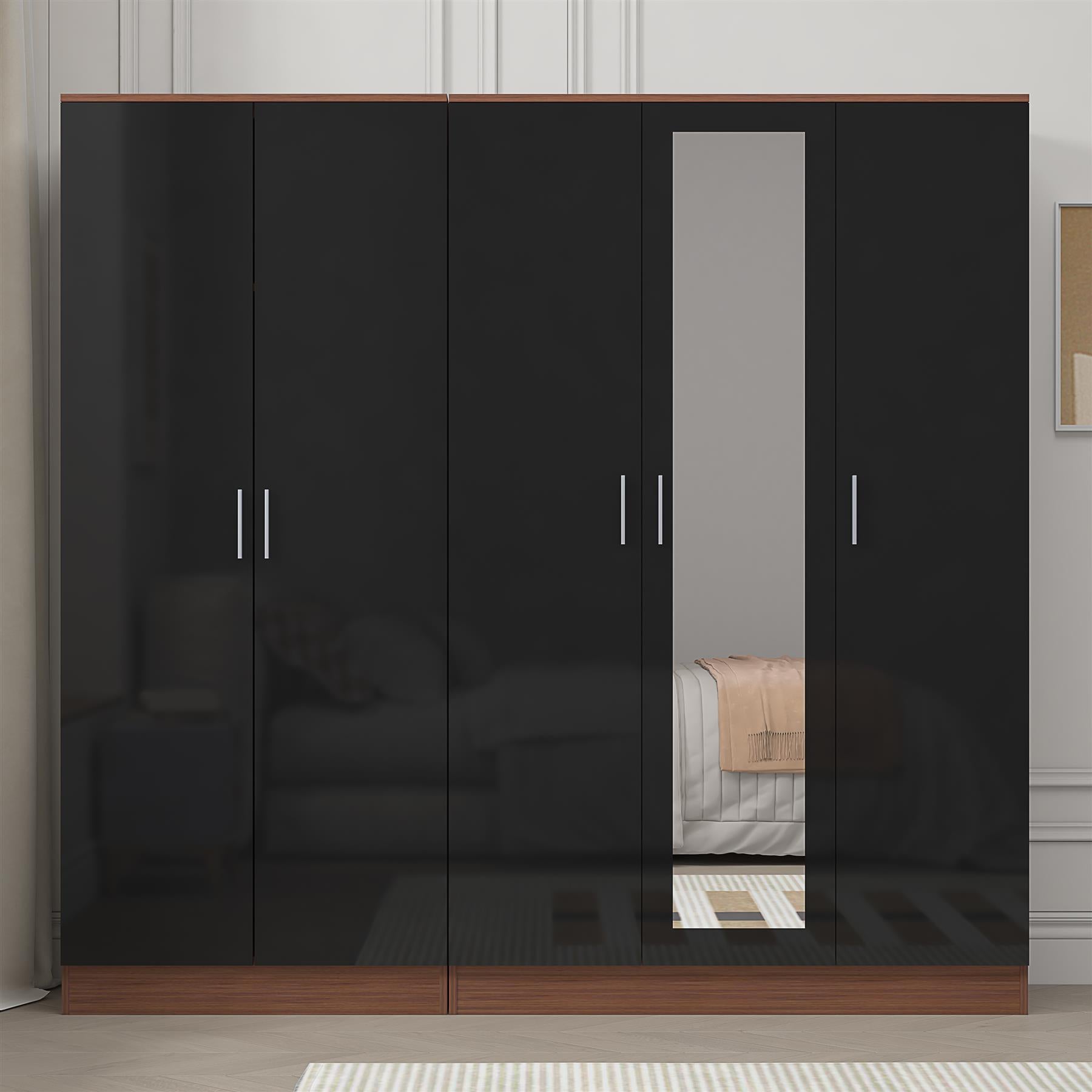 REFLECT - 3 Door MIRROR + 2 Door PLAIN Wardrobe - Gloss Black / Matt Walnut