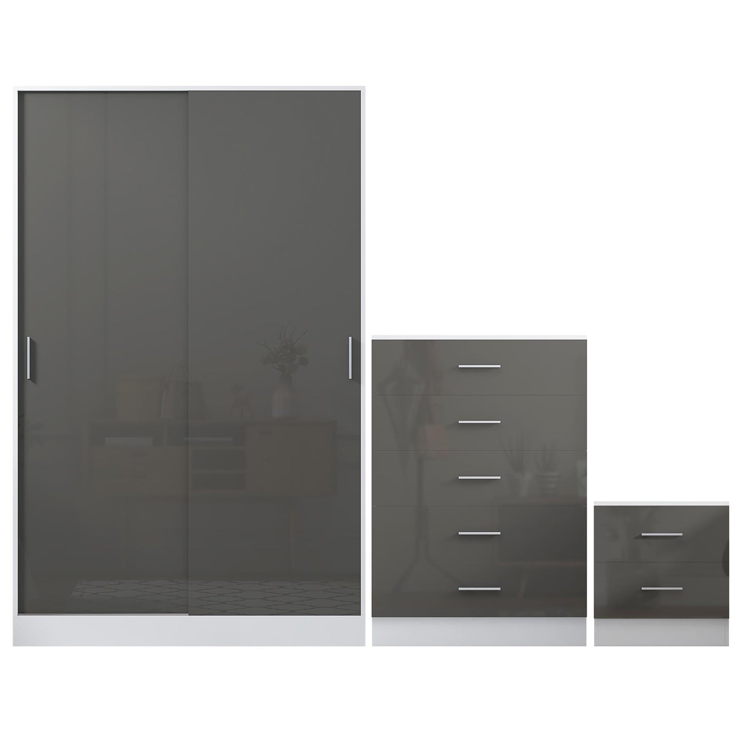 REFLECT Gloss 3pc Set - 2 Door Sliding Wardrobe + 5 Draw Chest + Bedside