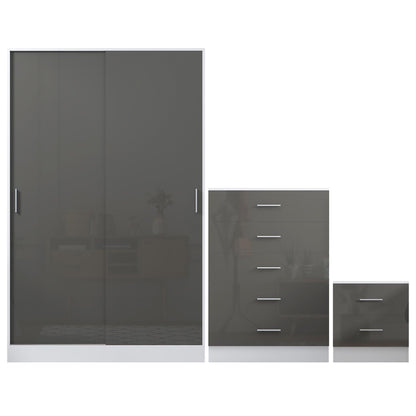 REFLECT Gloss 3pc Set - 2 Door Sliding Wardrobe + 5 Draw Chest + Bedside